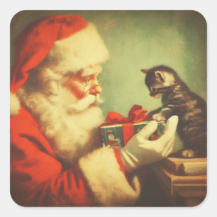 Süße Retro-Weihnachtsmann-mit-Kätzchen-Illustratio Quadratischer Aufkleber