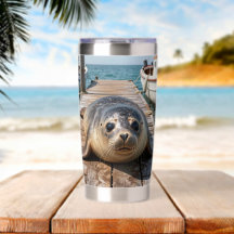 Süße Robbe liegt auf Bootssteg Ozeanpier