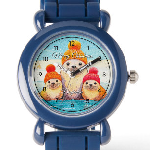 Süße Robben mit gestrickter Mütze Weihnachtsillust Armbanduhr