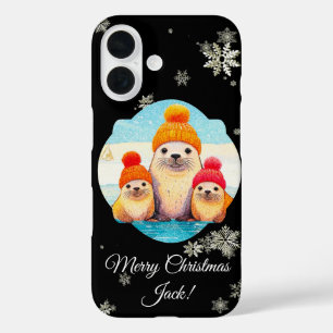 Süße Robben mit gestrickter Mütze Weihnachtsillust iPhone 16 Hülle