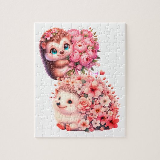 Süße romantische Florale Igel-Duo-Illustration Puzzle (Vertikal)