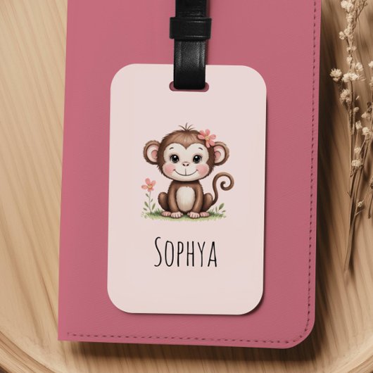 Süße rosa Affe Mädchen Kids Gepäckanhänger