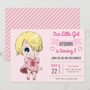 Süße rosa Anime Mädchen Geburtstagseinladung Einladung
