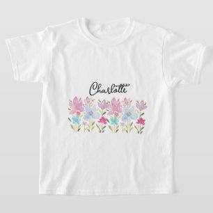 Süße rosa Aquarell-Wildblumen monogrammiert T-Shirt
