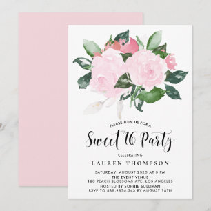 Süße rosa Aquarellrosen Sweet Sixteen Party Einladung