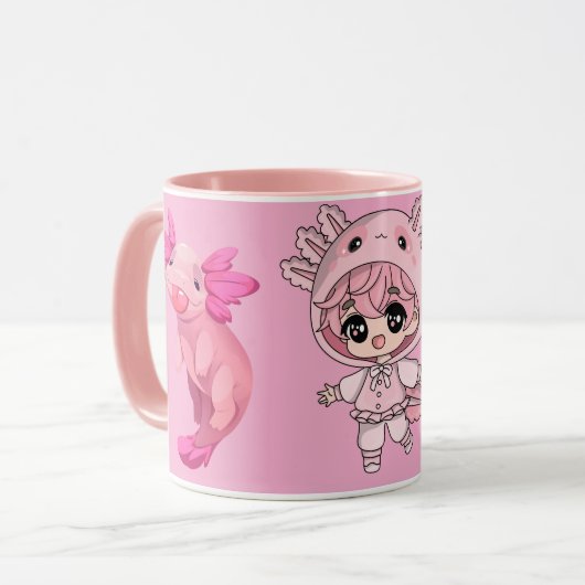 Süße rosa Axolotl Kawaii Chibi Mädchen Kaffeetasse (Vorderseite Links)