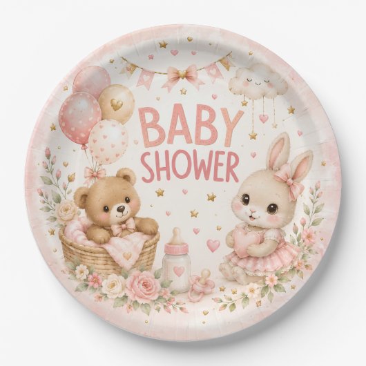 Süße rosa Baby Shower Papier Teller | Wasserfarbe (Vorderseite)