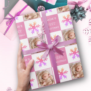 Süße rosa Babys erstes Weihnachts-Schneeflocken-Fo Geschenkpapier