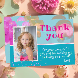 Süße rosa blaue Blasen Mädchen Foto Geburtstag Dankeskarte