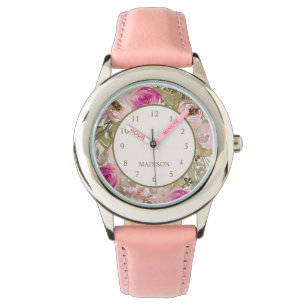 Süße rosa Blumen Ihr Name Kind Armbanduhr