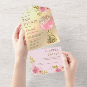 Süße rosa Blumenballons mit Goldfolie Baby Shower All In One Einladung