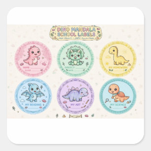 Süße rosa Dino-Mandala-Schuletiketten Kindergart Quadratischer Aufkleber