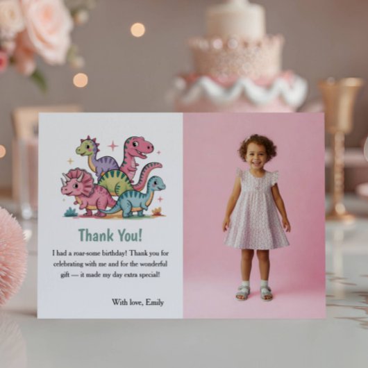 Süße rosa Dinosaurier-Foto-Kinder-Geburtstagsfeier Dankeskarte