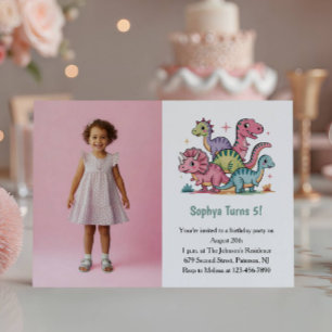 Süße rosa Dinosaurier-Foto-Kinder-Geburtstagsfeier Einladung