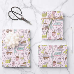 Süße rosa Doodle-Handzeichnung zum Geburtstag Geschenkpapier Set