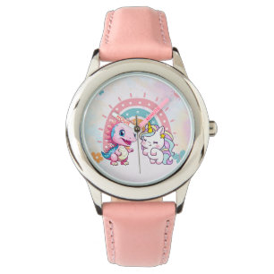 Süße rosa Einhorn-Dinosaurier Regenbogen-Geburtsta Armbanduhr