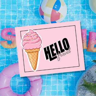 Süße rosa Eiscreme-Tüte-Typografie Hallo Freund Feiertagspostkarte