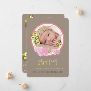 Süße rosa Elefanten Familie Baby Mädchen Foto Gebu Ankündigung