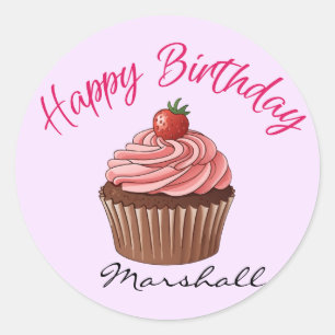 Süße rosa Erdbeer-Cupcake-Happy-Birthday-Rund  Runder Aufkleber