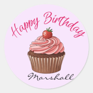 Süße rosa Erdbeer-Cupcake-Happy-Birthday-Rund  Runder Aufkleber