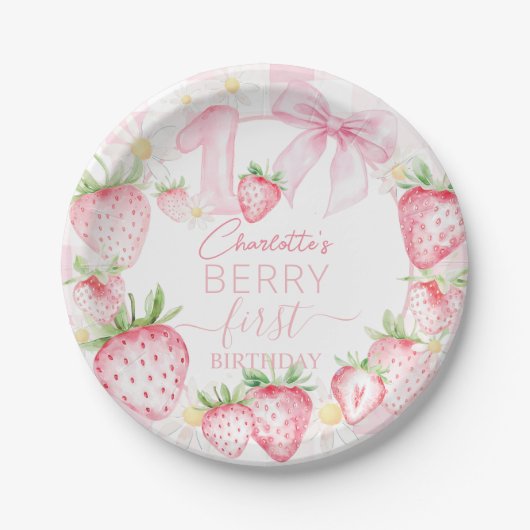 Süße rosa Erdbeeren Beere Erster 1. Geburtstag Pappteller (Vorderseite)