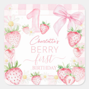 Süße rosa Erdbeeren Erdbeere Erster 1. Geburtstag Quadratischer Aufkleber
