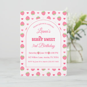 Süße rosa Erdbeeren-Mädchen 3. Geburtstag Einladung