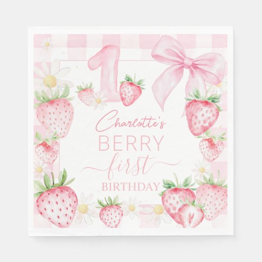 Süße rosa Erdbeeren zum 1. Geburtstag Serviette (Vorderseite)