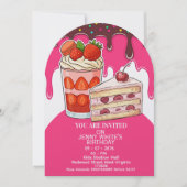 Süße rosa Erdbeertorte Kinsthema Einladung (Vorderseite)