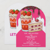 Süße rosa Erdbeertorte Kinsthema Einladung (Vorne/Hinten)