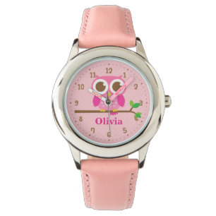 Süße rosa Eule auf Ast Mädchen personalisierte Uhr