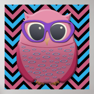 Süße rosa Eule mit Brille auf Chevron-Plakat Poster