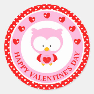 Süße rosa Eule und Herzen Valentinstag Runder Aufkleber