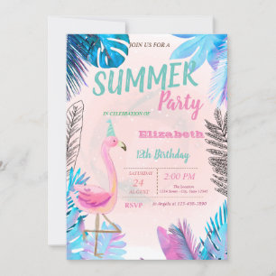 Süße rosa Flamingos blaue Palmenblatt-Geburtstagsf Einladung