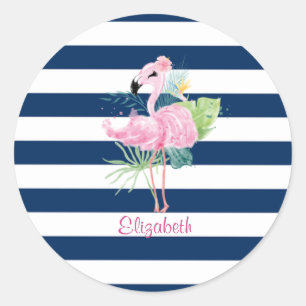 Süße rosa FlamingosTropisches Blatt, gestreift Runder Aufkleber