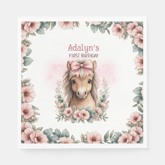 Süße rosa florale Pferd 1. Geburtstag Serviette (Vorderseite)