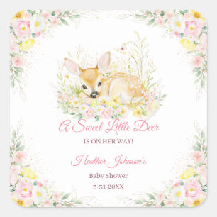 Süße rosa florale Reh-Baby-Party Quadratischer Aufkleber