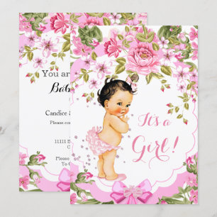 Süße rosa florale Rose Baby Shower Mädchen Brünett Einladung