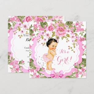 Süße rosa florale Rose Baby Shower Mädchen Brünett Einladung