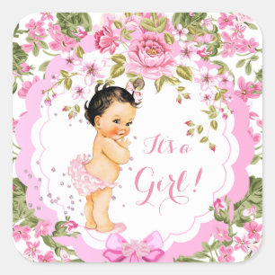 Süße rosa florale Rose Baby Shower Mädchen Brünett Quadratischer Aufkleber