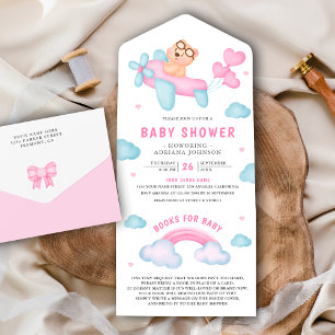 Süße rosa Flugzeug Mädchen Teddybär Baby Shower All In One Einladung