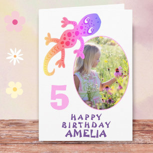 Süße rosa Gecko-Echsen-Mädchen-Foto-Geburtstag Karte