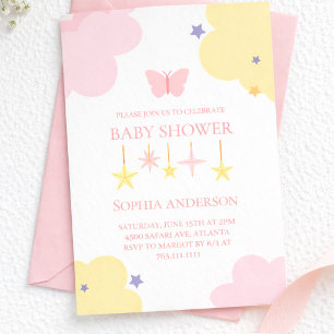Süße Rosa Gelbe Wolken Sterne Baby Shower  Einladung
