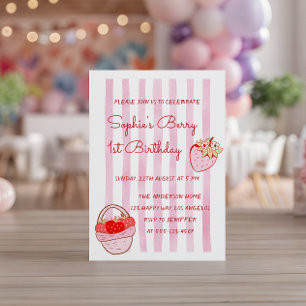 Süße rosa gestreifte Erdbeere 1. Geburtstag Einladung