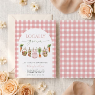Süße rosa Gingham-Lokalgewächs-Garten-Baby-Party Einladung
