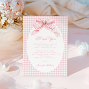 Süße rosa Gingham-Schleife Preppy Baby Mädchen Sho Dankeskarte