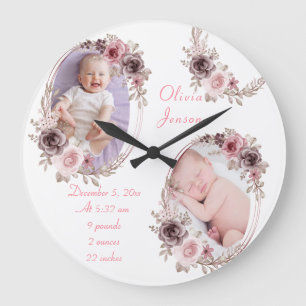 Süße rosa goldene florale Wasserfarbe Baby Mädchen Große Wanduhr