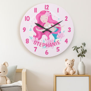 Süße rosa Haare Meerjungfrau Mädchen Fantasy-Schla Große Wanduhr