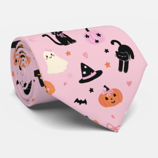 Süße rosa Halloween-Geister, Katzen und Kürbisse Krawatte