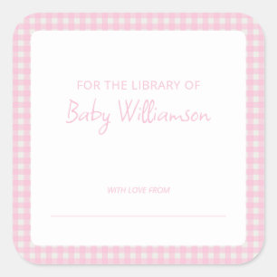 Süße rosa karierte Gingham-Baby-Shower-Exlibris Quadratischer Aufkleber